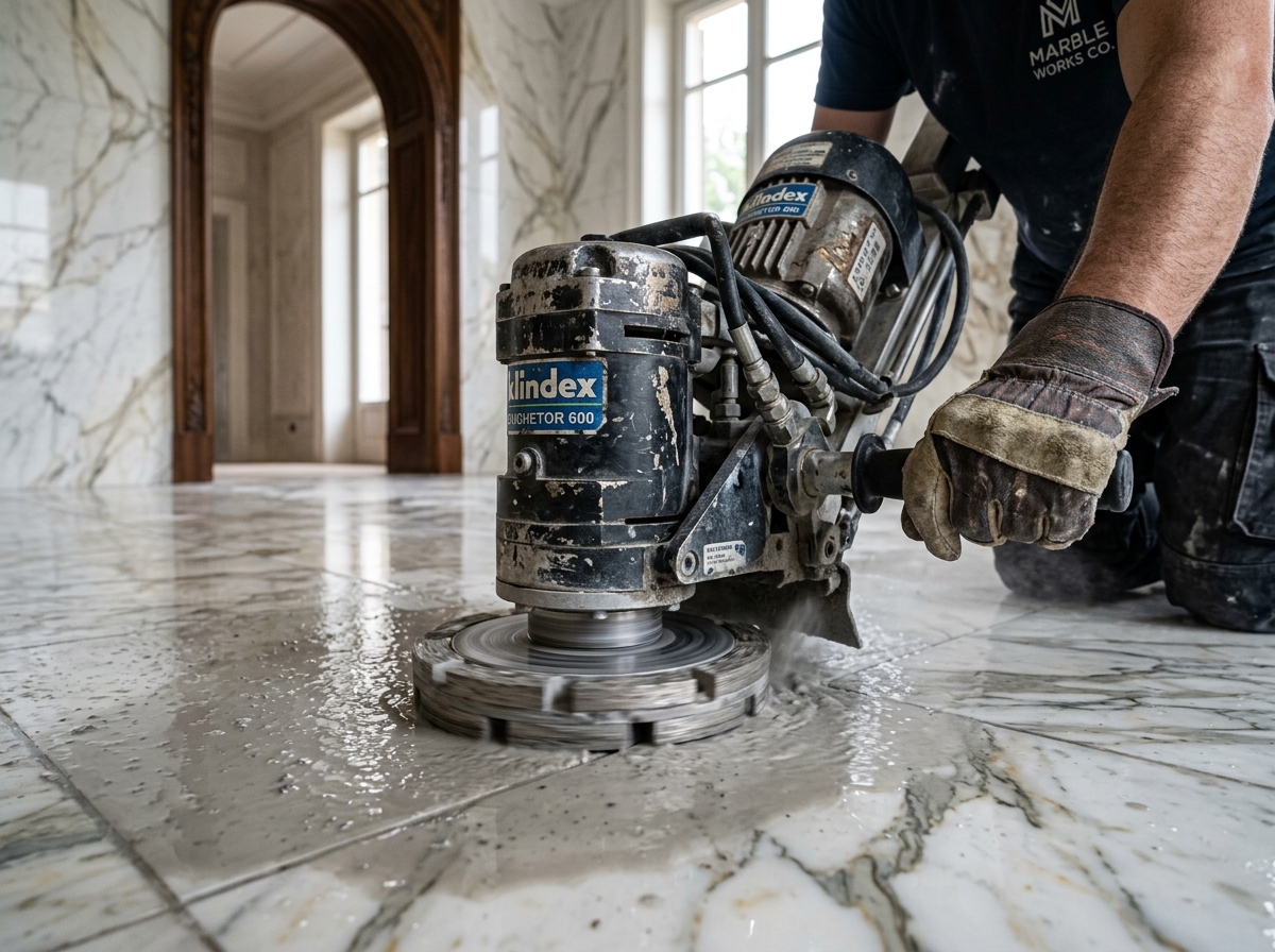 Industrial diamond grinding and honing on marble floor in Delhi NCR