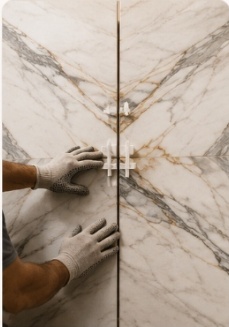 Italian marble slab layout and vein bookmatching in Delhi luxury residence