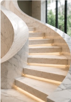 Custom staircase marble tread and riser installation in Delhi NCR